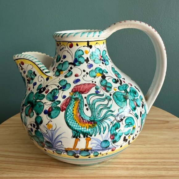 Vintage Derutta Girasole Italy Pitcher Handpainted Rooster Floral Green Blue - Picture 1 of 9